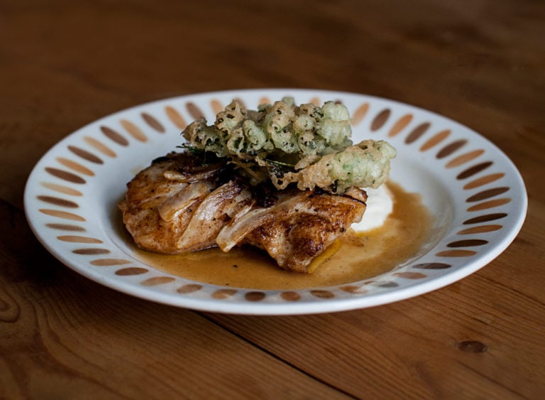 Fried Wolf Fish with Tempura Kale, Cauliflower Puree & Mulled Wine